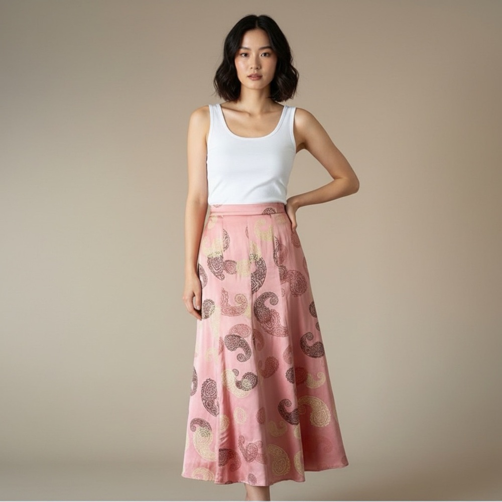LES JUPES | Pink Silk Hand Painted Paisley Maxi Skirt Sz 8